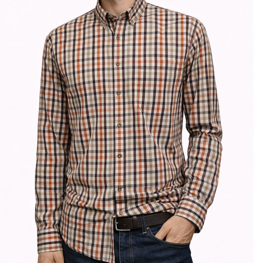 Johnston & Murphy Shirt Men XXL 2XL Brown Multicolor Checked Button down L/S
